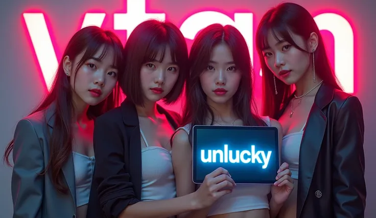 Realistic kpop band cover 4 cute girls asian posing , 4 people with different personalities, "VTAN" text behind background, The first person to hold the tablet, the tablet shows the "unlucky", HD