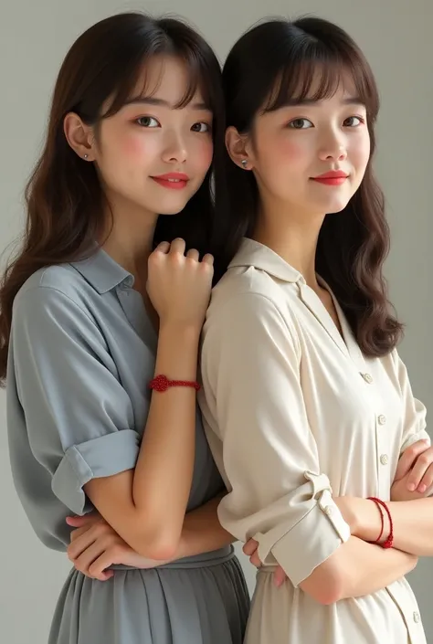  Two white girls one with brown hair for men and the other with slightly longer black hair, both straight hair ,  that they both have a red thread bracelet  