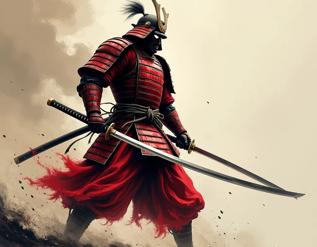 Score_9, Score_8, Score_7_up, 1man, samurai, white flame eye, red samurai armor, red helm, pocket, japan, (((Sword, Single-edged:1.5, Japanese Sword, perfection, perfection detail:1.5, great katana, huge, long))), ((both hands, Have)), Stance, Low body strength , dynamic, Oblique angle:1.2, (((Ink painting, force, shortage々Nice touch ))), forceのある刀, from front to back , angle