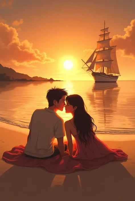  The romantic illustration against the backdrop of a sunset on the beach ,  features couples who love each other lying on the beach . gazing into smiling camera direction Behind them is a classic sailing ship reflected on the water.  The text above the ima...