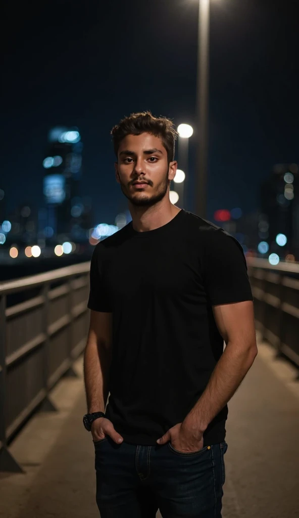 arafed  in black shirt and jeans standing on a bridge, taken with canon 8 0 d, at night time, candid!! dark background, taken with canon eos 5 d mark iv, taken in the night, mid shot portrait, taken with a canon eos 5 d, taken with a canon eos 5d, wearing ...