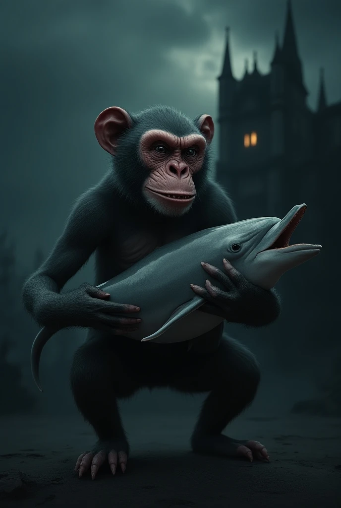 Create a dolphin and a monkey that the monkey is carrying the dolphin in its arms with realistic graphics , diabolical style and in the background a dark night with a castle in the background  