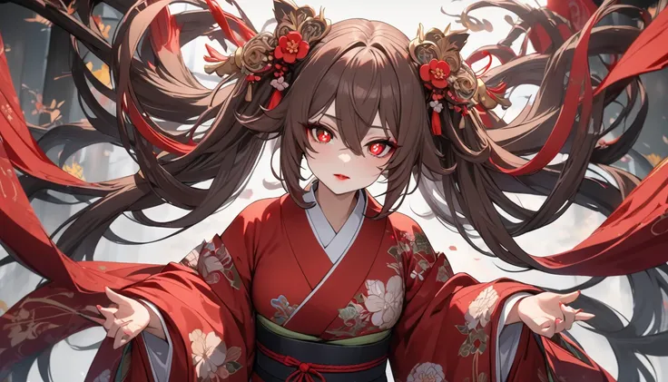 hutao, long hair, bangs, brown hair, red eyes, hair between eyes, twintails, sidelocks, symbol-shaped pupils,wearing a traditional kimono, with striking red lipstick and makeup, has mechanical arms and extra arms, (best quality,4k,8k,highres,masterpiece:1....