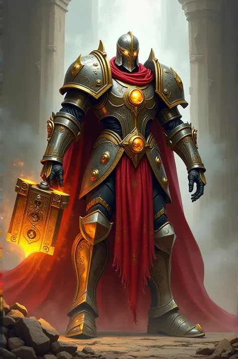 ((best quality)), ((masterpiece)), (detailed), A towering Warforged Cleric of the Forge in D&D, standing in full plate armor with intricate engravings. The armor is decorated with red and golden details, and he wears a majestic, flowing red cloak draped ov...