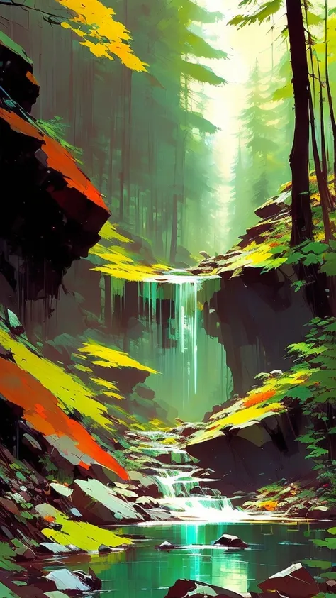 A painting of a forest with a stream and rocks vivid colors inspired by Brian Despain, great artists: (((Jeremy Mann, Bernie Wrightson, Takeshi Obata, Benoit Peeters, Thomas Schaller, Pascal Campion, Kim Jung Gi, Jeffrey Catherine Jones, and Benedick Bana)...