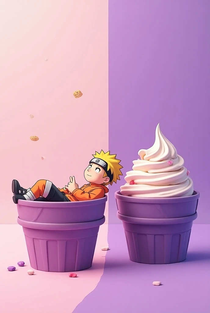 Boruto laying down on two large purple icecream cones sticked together from the right side of them imagining  breakfast items with background of two colours diagonally pink on left side purple on right side with cream and only upper side of the body will b...