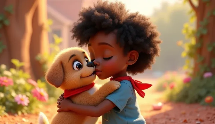 a full body  of african american girl (), kissing her puppy, skin color is light , small curly black hairs, wearing blue shirt and red Necker,3d Disney pixar style, beautiful background,