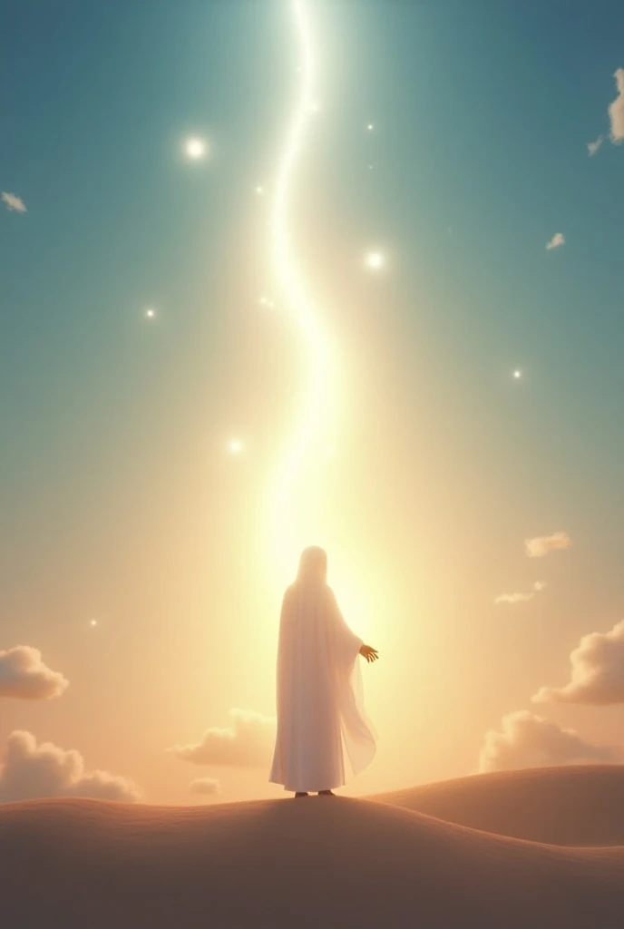 "Create a Pixar-style 3D animated poster with a peaceful, spiritual atmosphere. Use abstract elements such as glowing light rays radiating from a symbolic, faceless figure, symbolizing Prophet Muhammad (PBUH). The figure should be surrounded by gentle ligh...