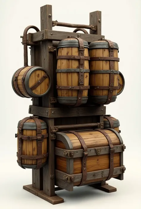 A large, wide backpack made of wood and leather with two large barrels standing on the back of the backpack and a chest in front of the barrels, All items listed are part of the backpack but are also individual, but they cannot be stacked , size 2, 5 m in ...