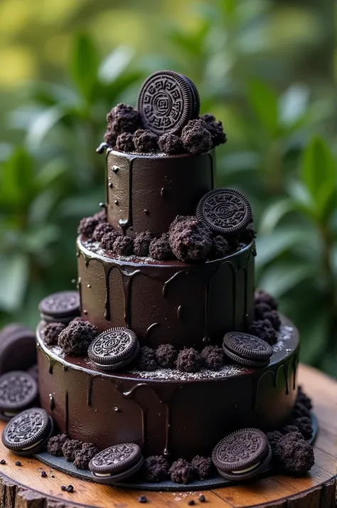 Decadent oreo cheese cake  ( lots of oreo biscuits)  cake decorated by full of black cream,  complete oreo cheese,  in outdoor  