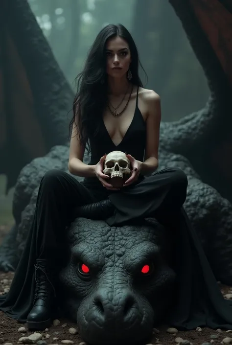 front focus, cinematic scene, best quality, ultra-detailed, charming facial features, beautiful sexy gothic queen woman, black hair, (sitting with legs apart on a huge dragon head), red glowing dragon eyes, holding a skull, digital style,