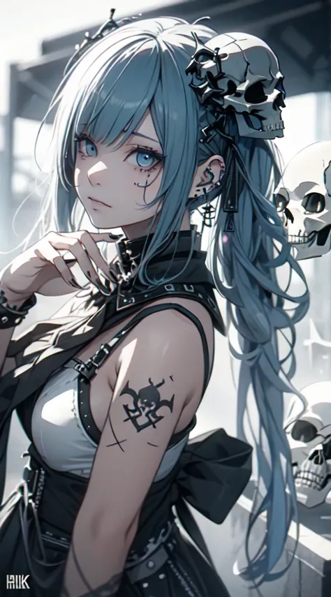 aDornos para el cabello、piercings、tattoo、godo_punk, 1 girl in, Alone,、highest qualityr,  photorealistic , Ultra-fine illustrations, Beautiful sexy anime girl, Miku Hatsune, slim body, tied hair, A  girl, A picture of a girl,  full body shot ,  beautiful bl...