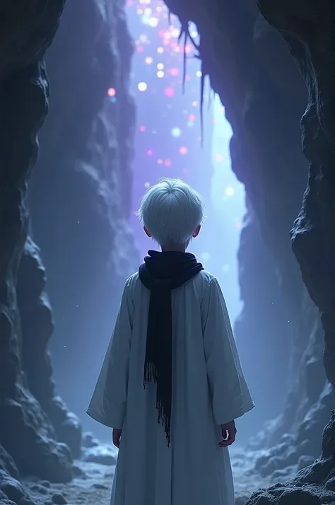  An albino boy dressed in all-white clothes for the sick and tied around his neck with a black scarf .  Looks at a crack in the space that shimmers with purple and blue colors inside that illuminates the boys cave. Back view of a boy 