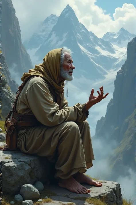 An old clothed woman crying sitting on a mountain rock,  pointed her finger at the sky asking for the blessings of heaven 