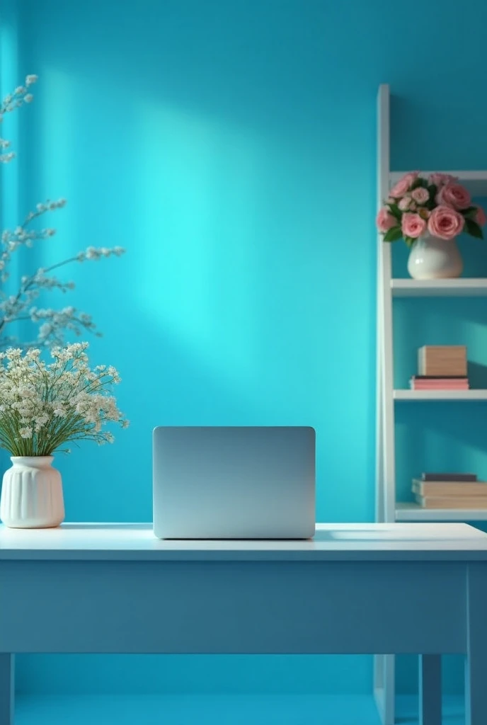 Youtube studio,modern background, cinematic light, soft light, flowers on shelves, laptop on table, blue background 