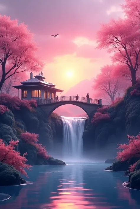 Paradise scene, purple sky orange sun pink trees, flowers birds, beautiful house, high bridge waterfall 