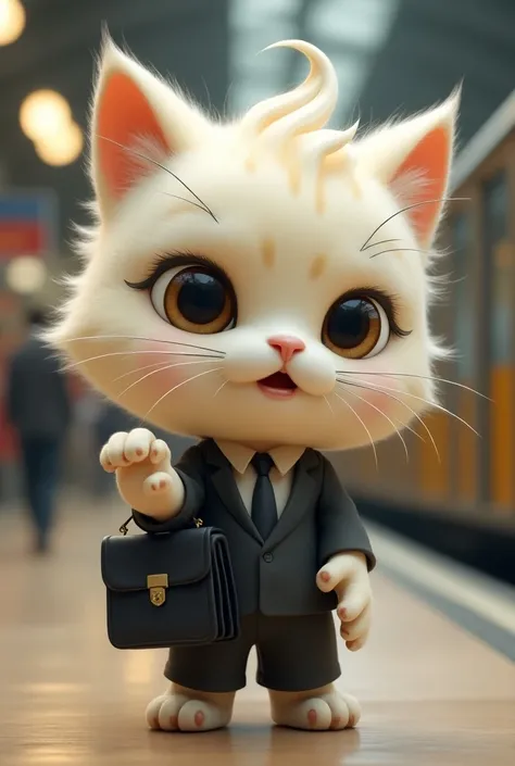 Fantasy. A cartoonish, 3D, cat with water-drop-shaped head, with fluffy, feather-like fur with suit and black briefcase in legitimate CEO style, looking irresistibly cute. Her round, dark eyes are wide and expressive, with an endearing focus that makes her...