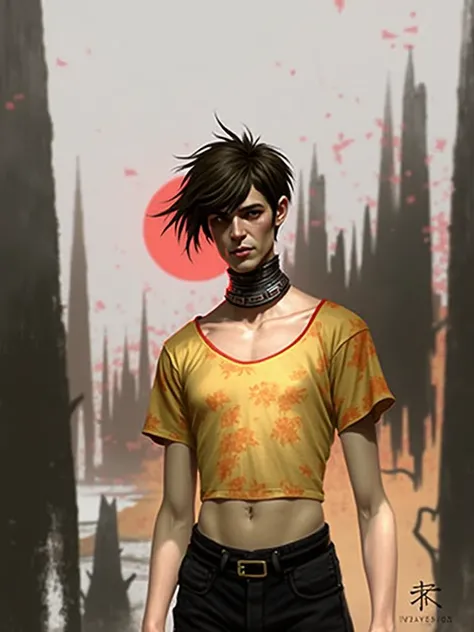 Concept ART,Human Male, Brown hair, wearing red t-shirt shirt, wearing big metal Collie ,