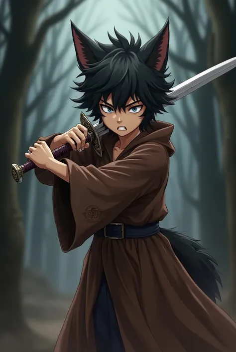 Create a werewolf boy . he is humanoid.  he has a sword and has a brown robe.  hes not happy .  Anime style