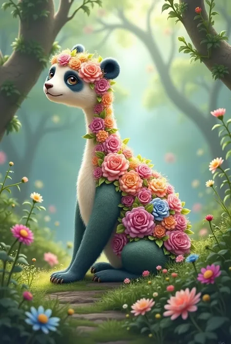 A cute sitting panda made of colorful flowers with a forest theme