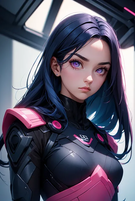 female with long dark blue hair ,with pink  eyes , wearing  black  hero suit 