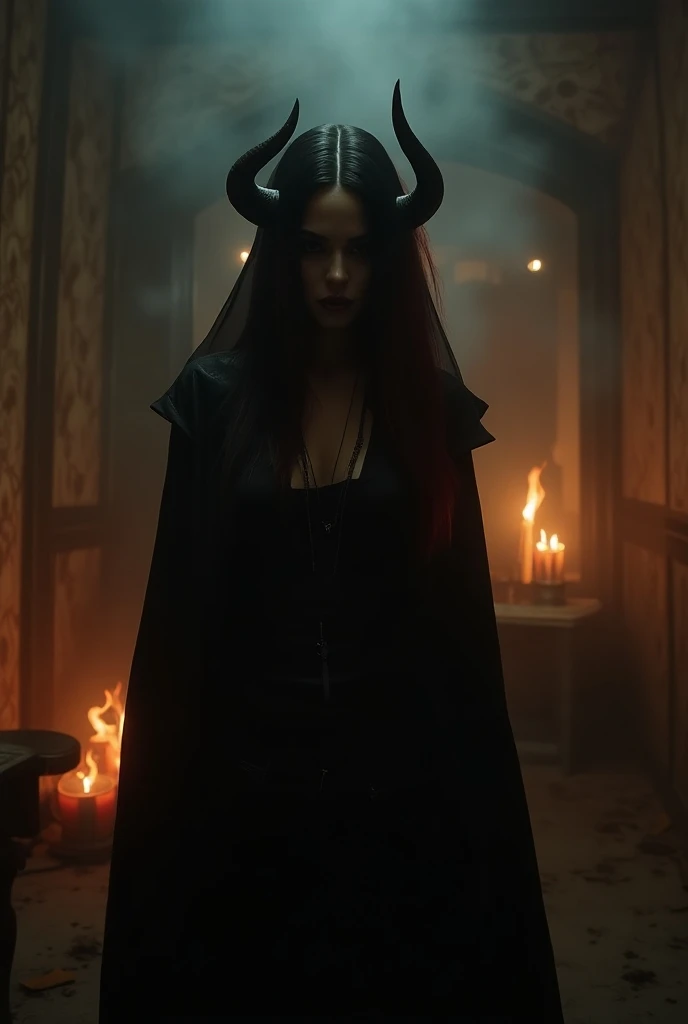 Night, candles, smoke,  there is fire around , fire, super large shot ,  sexy rocker  ,  with horns in an old dirty Russian apartment in the USSR ,  black hair but one strand of red hair,  black veil , cloak