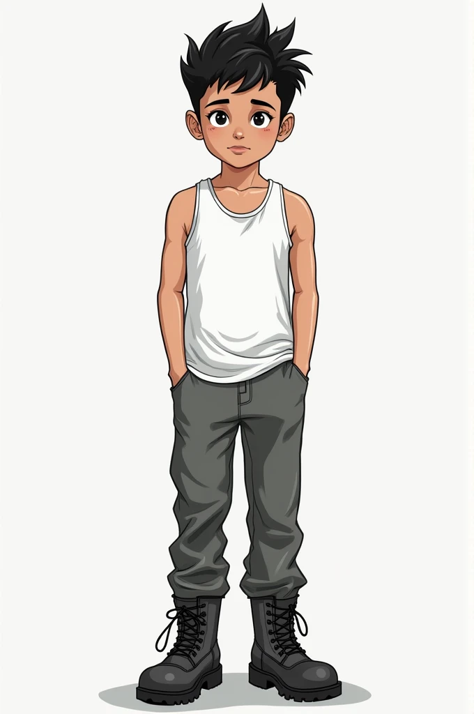 White boy 
With the black American haircut
White tank top
Tall and thin
Gray pants
Military boot on the feet,  Black
Gray background
In drawing 