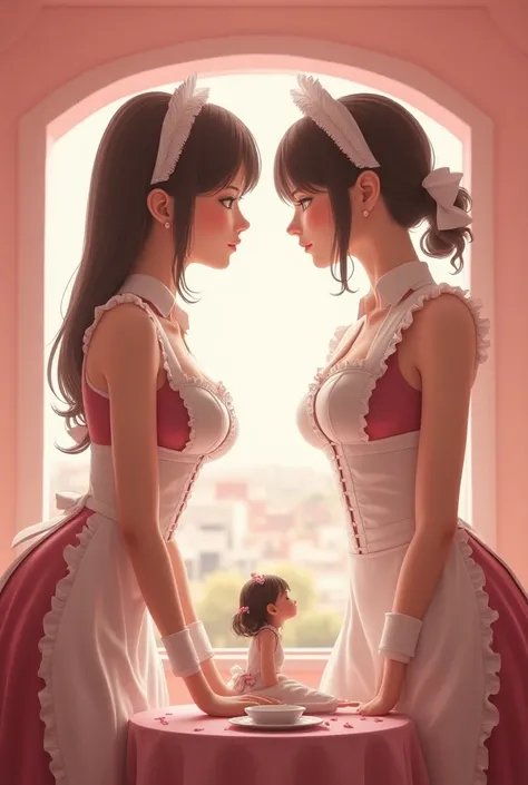 (closeup breasts and face: 1.2), (two very tall girls in maid uniforms looking down at multiple very tiny women), (height difference: 1.6), (size difference: 1.5), (miniature women on a table in front of the closeup breasts of two very tall women: 1.2), (a...