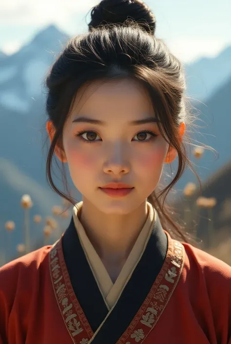 A beautiful Tibetan Chinese girl, delicate features, piercing eyes, full lips, long eyelashes, wearing traditional Tibetan clothing, standing in a serene Himalayan landscape with snow-capped mountains, golden sunlight, cinematic lighting, intricate details...