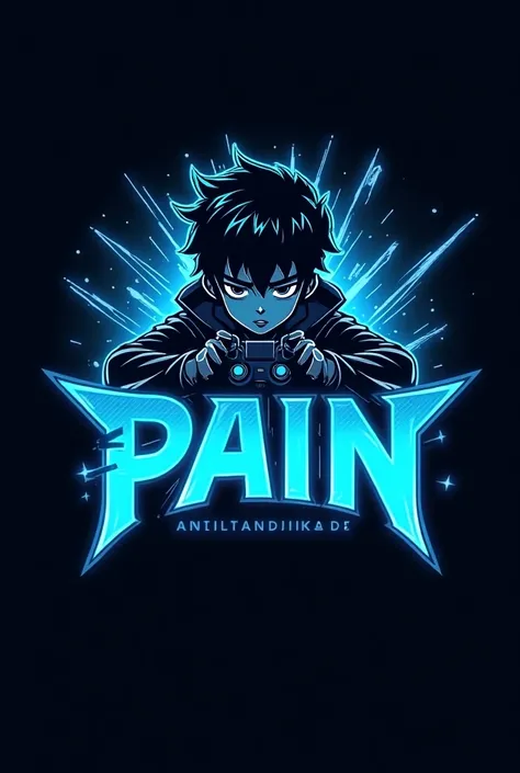 This is a gaming  logo that features the name PAIN   in  a futuristic font and a neon blue colour. and boy Anime avtar, The logo also has a stylized controller icon. The logo is designed to be attractive and eye-catching, and to appeal to gaming enthusiast...