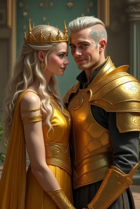  I want the image of a 20-year-old Nordic queen , light skin, long golden hair, turquoise eyes . Quero ela com um vestido dourado e uma crown e expressão feliz.  I want her to be accompanied by a 22-year-old king with low silver hair and gold armor, crown,...