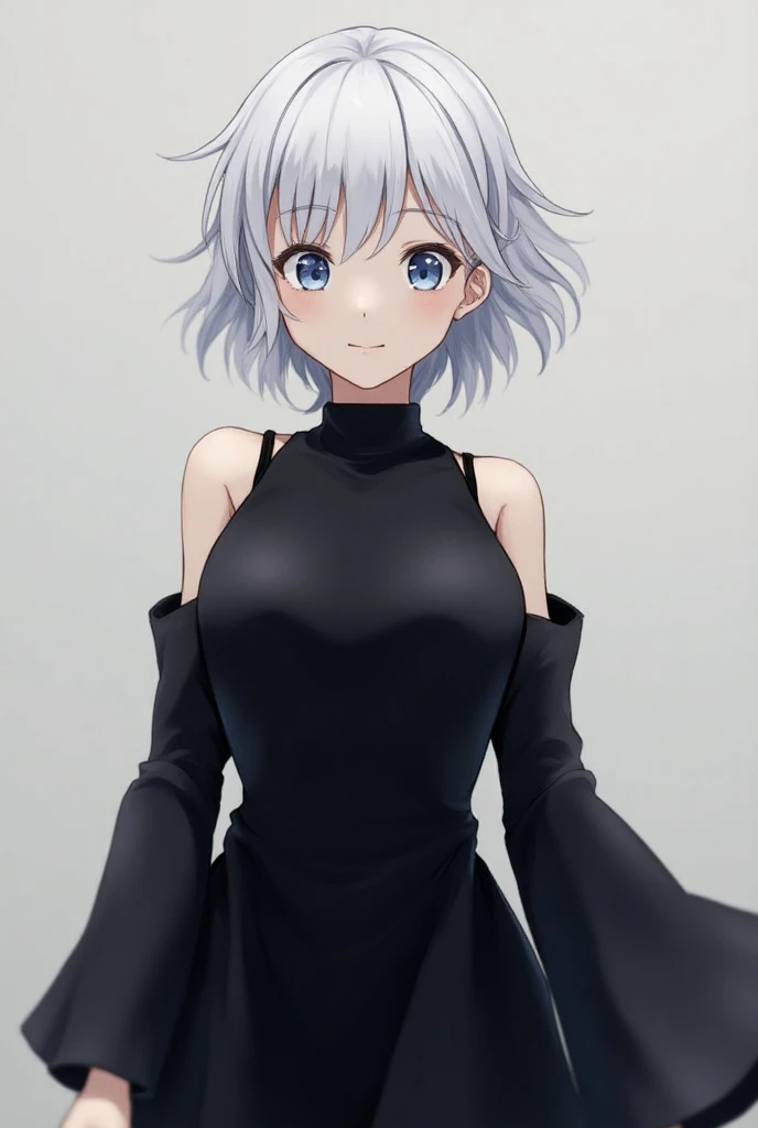 masterpiece, best quality, highres, 1girl, solo, anastasia (idolmaster), idolmaster cinderella girls, blue eyes, short hair, grey hair, black dress, cowboy shot, , closed mouth, upper_body,