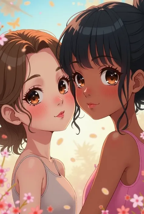 anime, two girls, white skin, dark skin