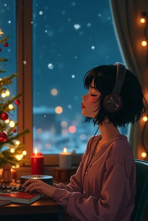 ((Best Quality)),(masterpiece)),(  Details),(Realistic),80s Anime、Wide-angle shooting、Long-distance shooting、Ghibli style、 Lo-Fi Art Style 、nostalgic、Christmas illuminations shine、Snow falls and piles up 、 woman is sitting listening to music、She has headph...