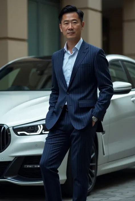 A handsome middle-aged Japanese man of about 37 years . ， wearing a blue striped suit ， leans on a white BMW840 I.