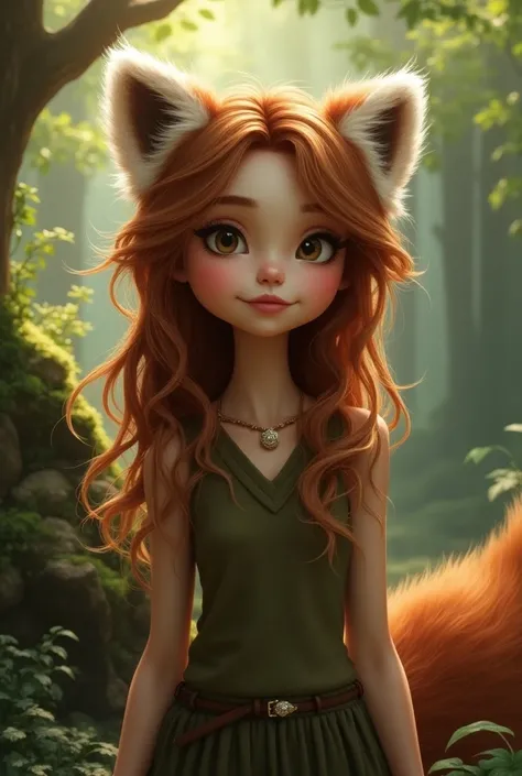 Girl with red panda ears and tail , brown hair type of hair wolf cut