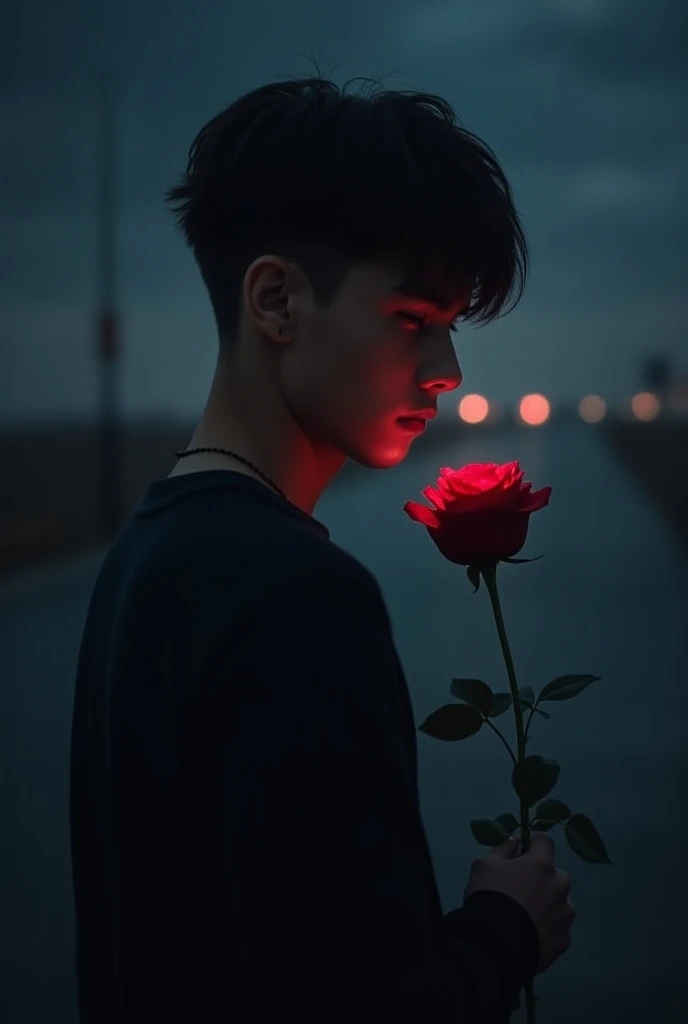 Romantic full down to up  boy photo for YouTube thumbnail in night for romantic also heartbroken song thumbnail with unclear face looking back with rose in hand 