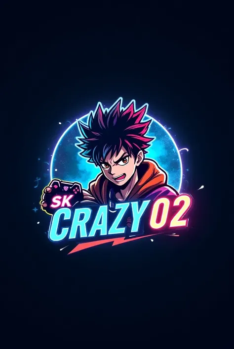 This is a gaming  logo that features the name  SK CRAZY 02  in  a futuristic font and a neon blue colour. and boy Anime avtar, The logo also has a stylized controller icon. The logo is designed to be attractive and eye-catching, and to appeal to gaming ent...