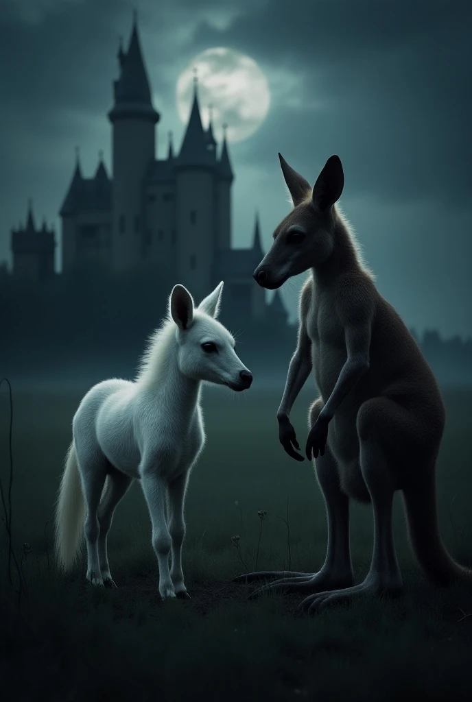 Create a white foal and a kangaroo with realistic graphics , diabolical style and in the background a dark night with a castle in the background  