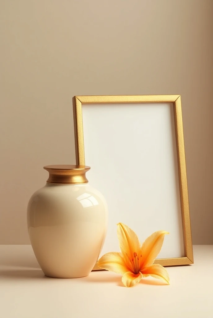 4K photograph of a light gold cremation urn next to light orange lilies and a portrait of a man in a nice gold frame