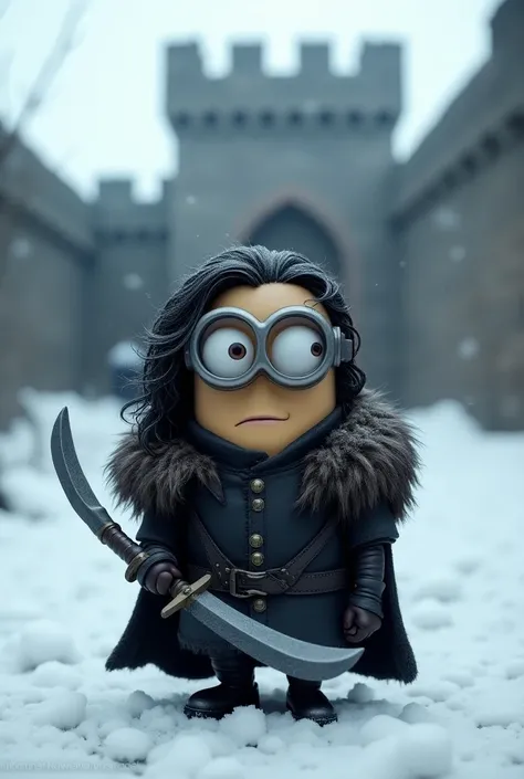 "Create a Minion version of Jon Snow from Game of Thrones. The Minion has long, dark curly hair, just like Jon Snow, but in a messy, exaggerated style suited for a Minion. He wears a miniature version of Jons iconic black fur coat over a tiny suit of media...