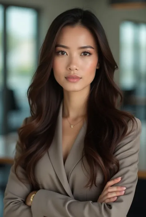 Profile photo of a brunette woman, Wearing businesswoman clothes 