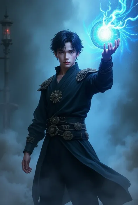 Fantasy scene, a young man with dark hair wearing a black cloth warrior uniform and holding a glowing blue ball in his hand (black uniform,).