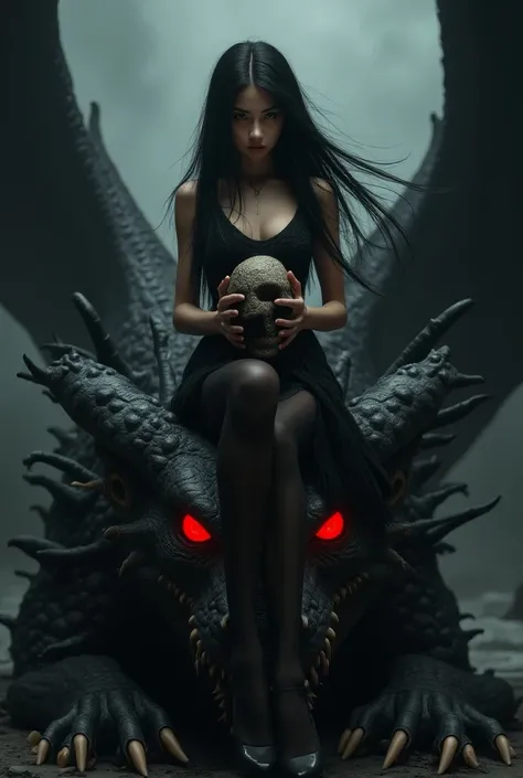 front focus, cinematic scene, best quality, ultra-detailed, charming facial features, beautiful sexy gothic queen woman, black hair, (sitting with legs apart on a huge dragon head), red glowing dragon eyes, holding a skull, digital style,