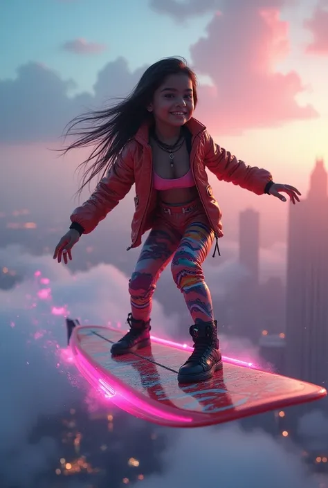 ultra-realistic, photorealistic, dramatic scene, shadow, global-illumination, solo, (teenage indian famous idol girl:1.5), very beautiful muscular Indian girl, very beautiful with very cute but boyish cool face, (wearing a cyborg styled cyber punk colorful...