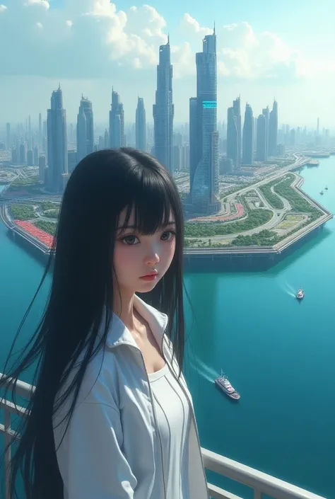 High school girl , front, I was worried, White sports coat,  black long hair ,  from , super high detail, High real number, 4K,  chiaroscuro,   Super Detailed , A futuristic floating ocean city built on a massive hexagonal mega-float platform, 50 times lar...