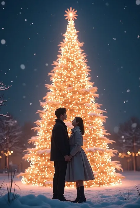  couple looking up at the huge Christmas tree and the man is JIN style by BTS、Women are IU style, 2 people are 、Smiling。
 the tree shines with illuminations 、 illuminating the night 。 Its Snowing 。