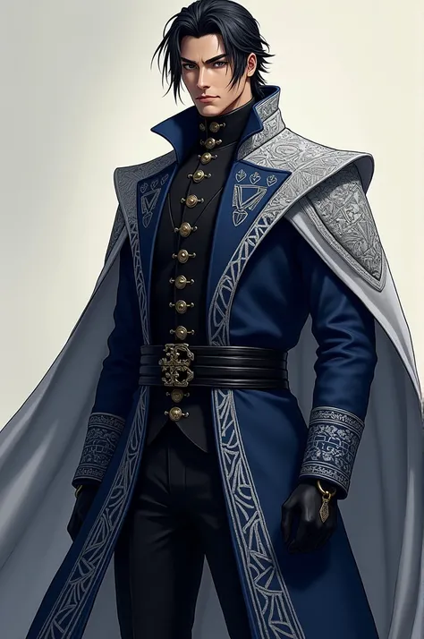  Ryu was dressed in a luxurious costume that made him look like a true prince from a distant kingdom and.  He wore a long coat ,  in a deep shade of navy blue that further highlighted his eyes and dark hair ,  with silver embroidery detailed in geometric p...