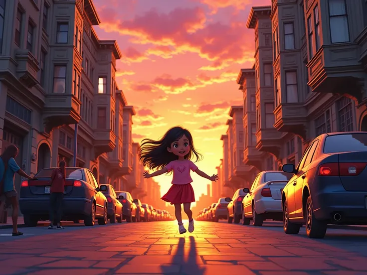 detailed illustration by Herge, and girl playing in the streets of San Francisco at sunset, vibrant colors, warm atmosphere, photorealistic, 8k, highres, intricate details, soft lighting, cinematic composition, stunning scenery, beautiful architecture, hap...