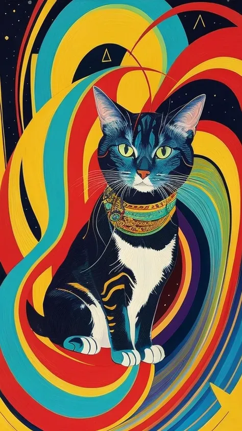 A captivating abstract portrait of a cat depicted in vibrant colors and intricate patterns. The painting features flowing lines and geometric shapes, interacting and intertwining, creating a dynamic and energetic atmosphere.. The overall composition exudes...